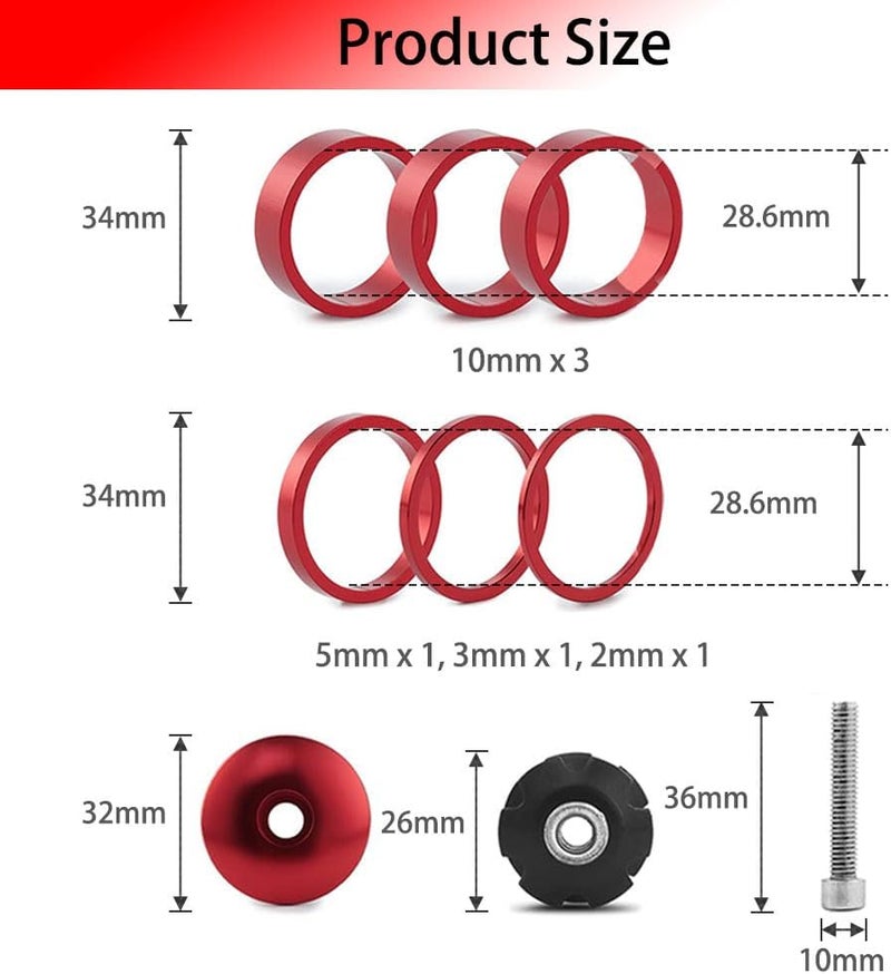 SeonFook 9Pcs Bike Headset Spacer Set, Aluminium Alloy Bicycle Headset Spacer Set Bicycle Front Fork Stem Spacers Kit for MTB BMX Mountain Road Bikes Cycling (1-1/8 inch/28.6mm) - Image 2